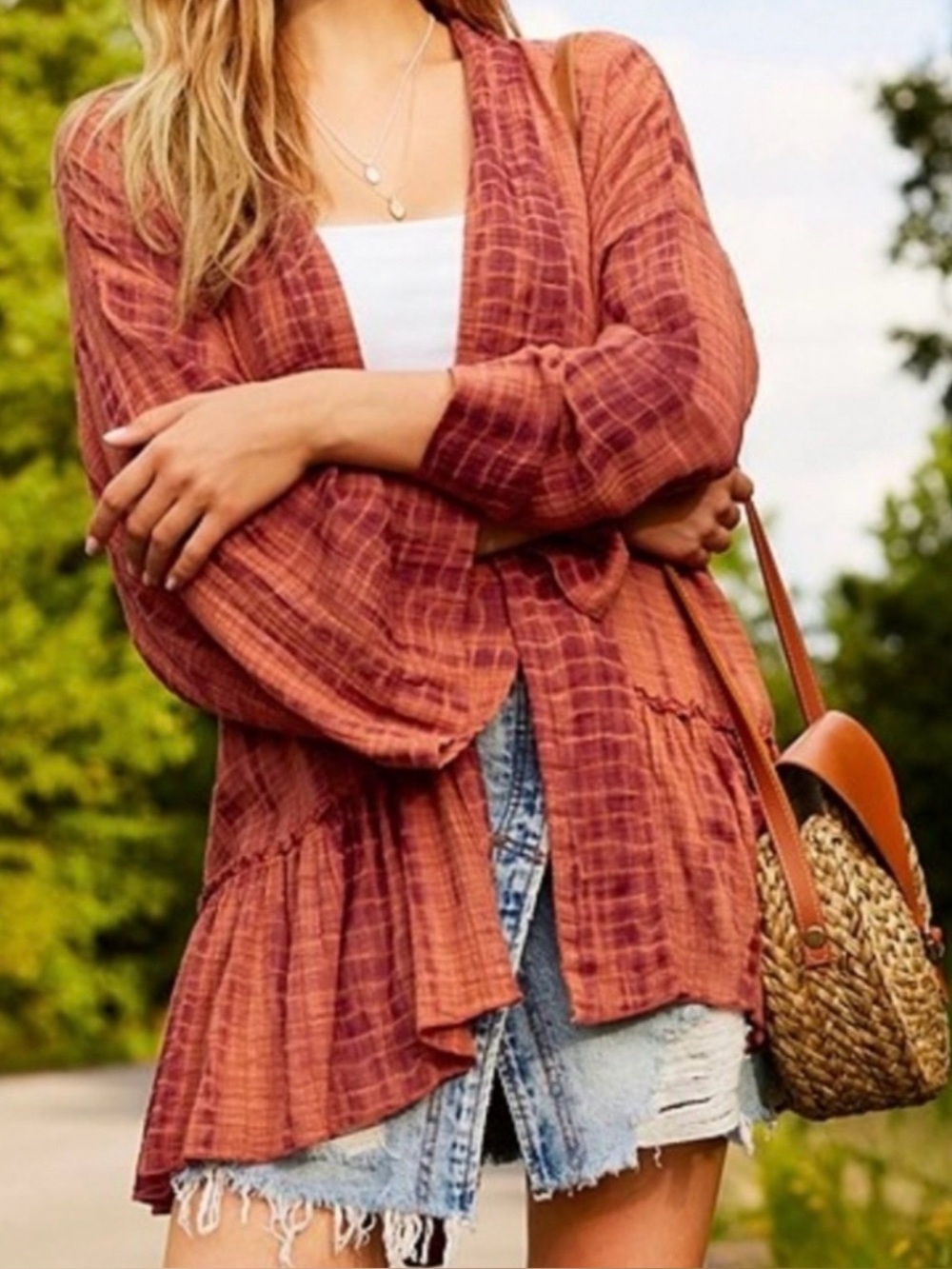 Free People Womens XS/S Tie Dye Kimono Jacket Cotton Gauze Belted Boho Rust